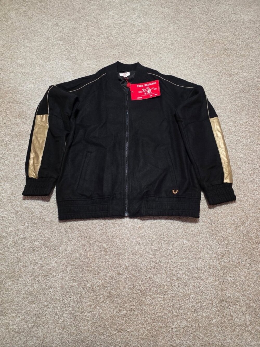True Religion Fashion Varsity Bomber Jacket Black/Gold Size Large Style 103121